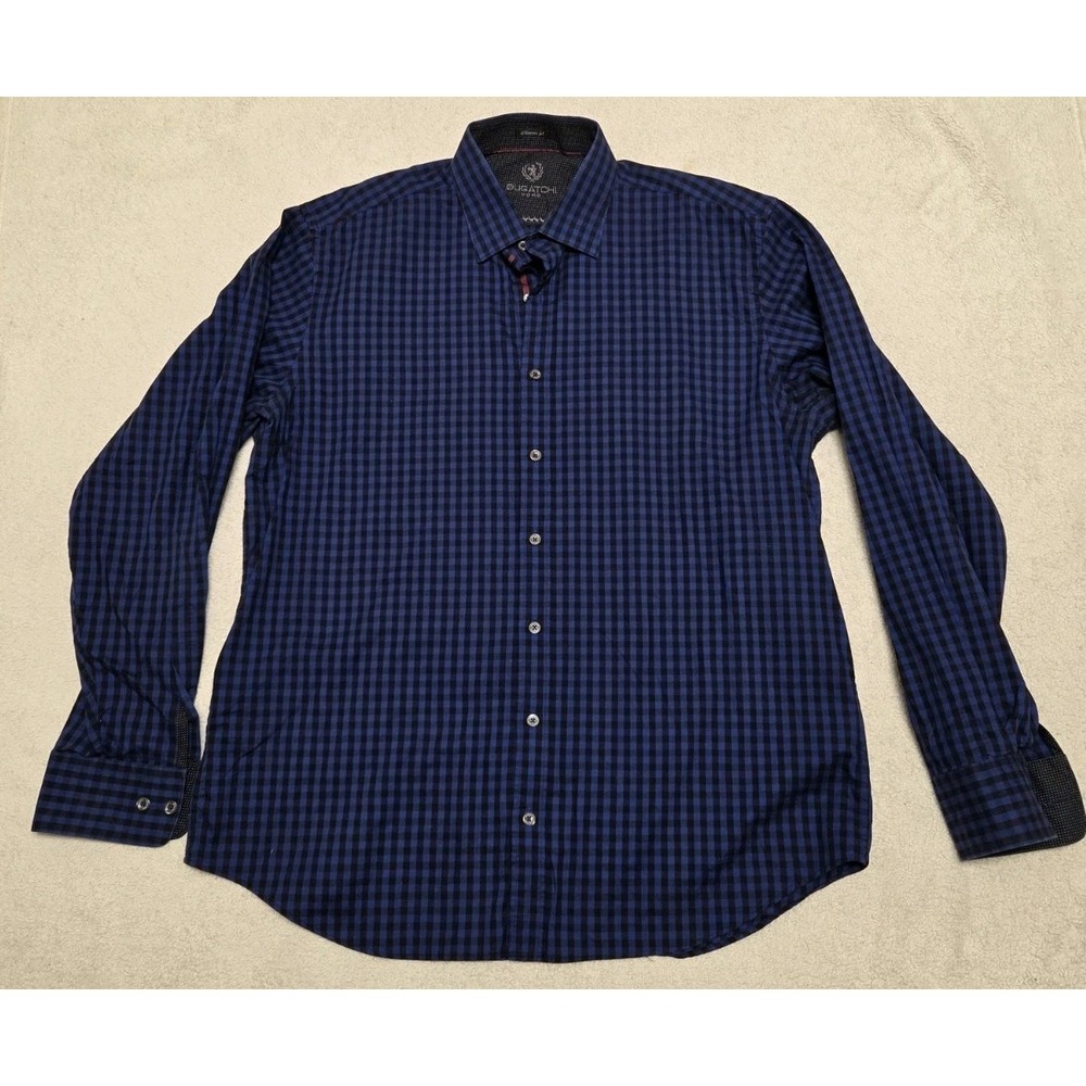 Bugatchi Uomo Mens Button Shirt Blue Black Check Large Cotton Long Sleeve Collar